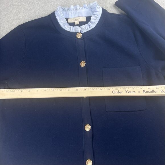Loft Ruffle Neck Sweater Womens XL Navy Button Up Cardigan Workwear Fall Casual - Picture 6 of 12